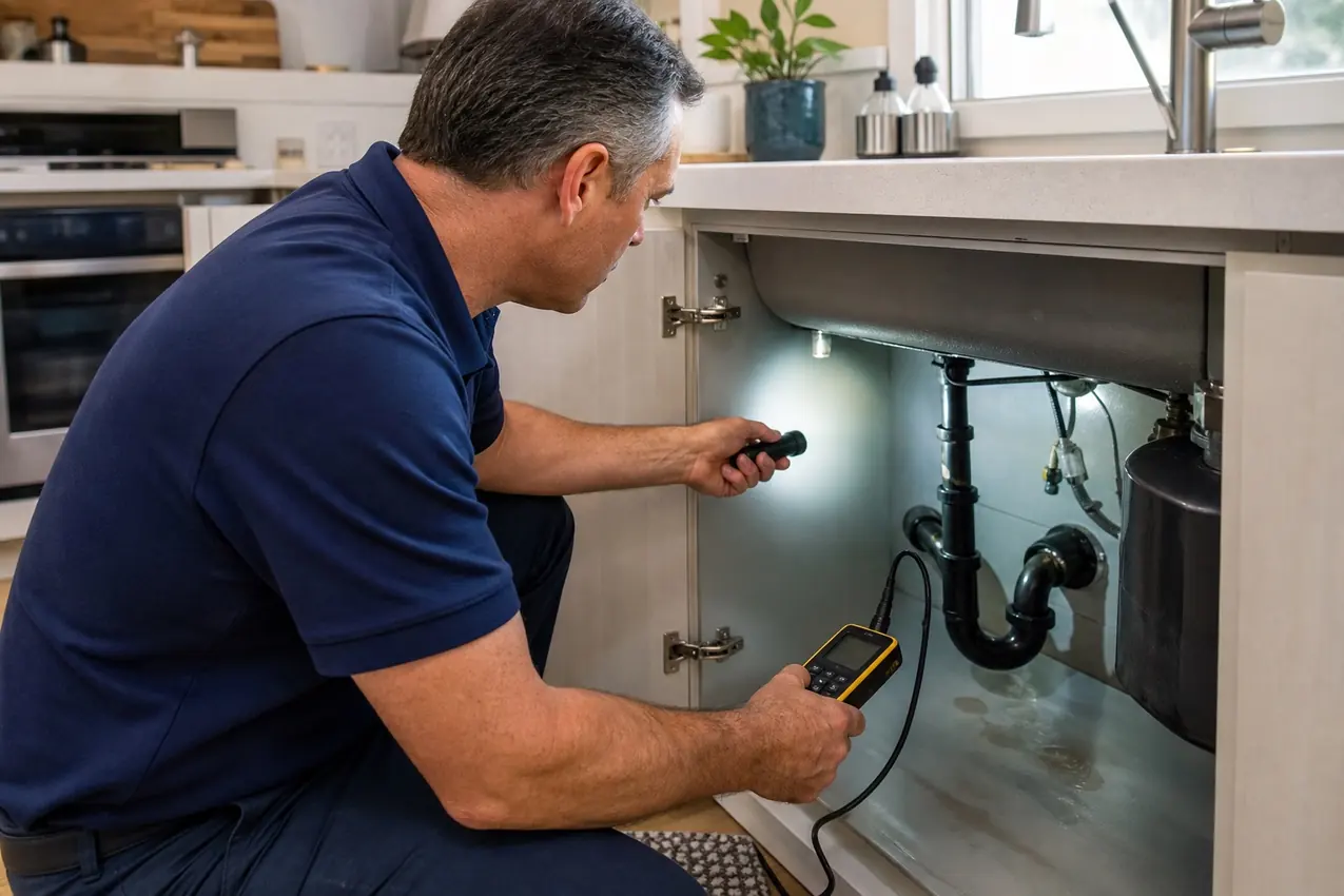 Checking plumbing below a kitchen sink in Los Angeles